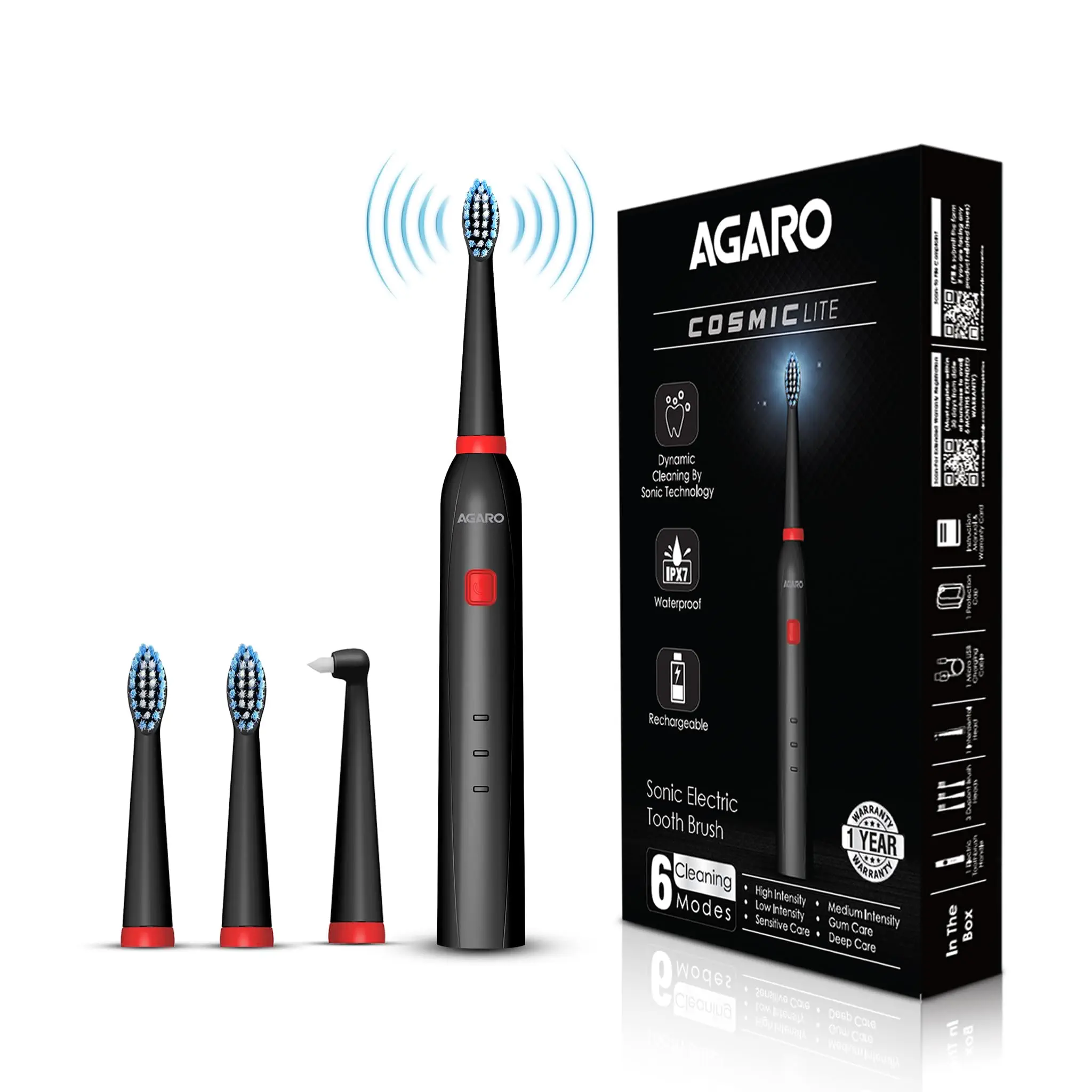 AGARO COSMIC Lite Sonic Electric Toothbrush for Adults with 6 Modes, 3 Brush Heads, 1 Interdental Head and Rechargeable with 3.5 Hours Charge Lasting up to 25 Days, Power Toothbrush, Black - 58% off at DetectaDeal