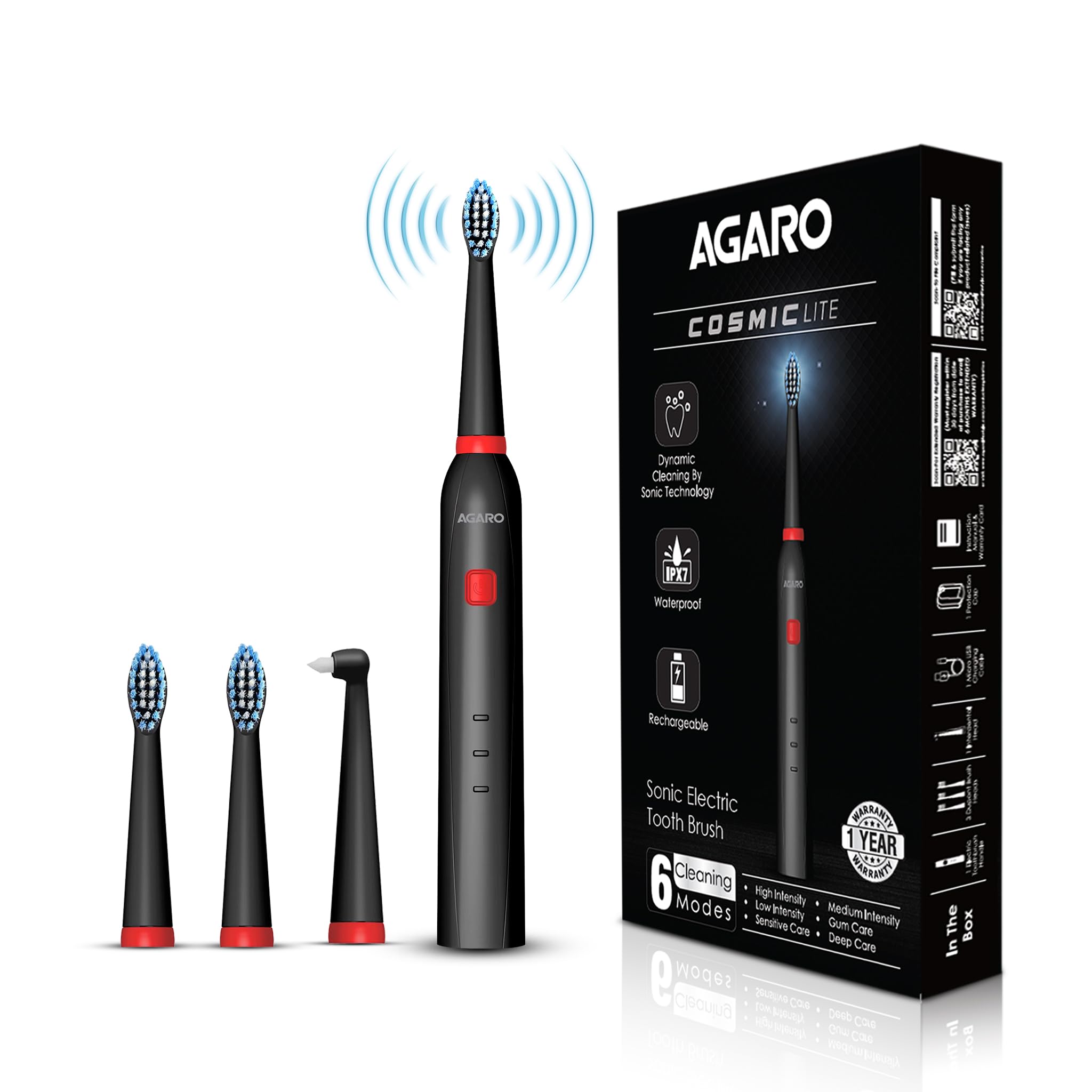 AGARO COSMIC Lite Sonic Electric Toothbrush for Adults with 6 Modes, 3 Brush Heads, 1 Interdental Head and Rechargeable with 3.5 Hours Charge Lasting up to 25 Days, Power Toothbrush, Black