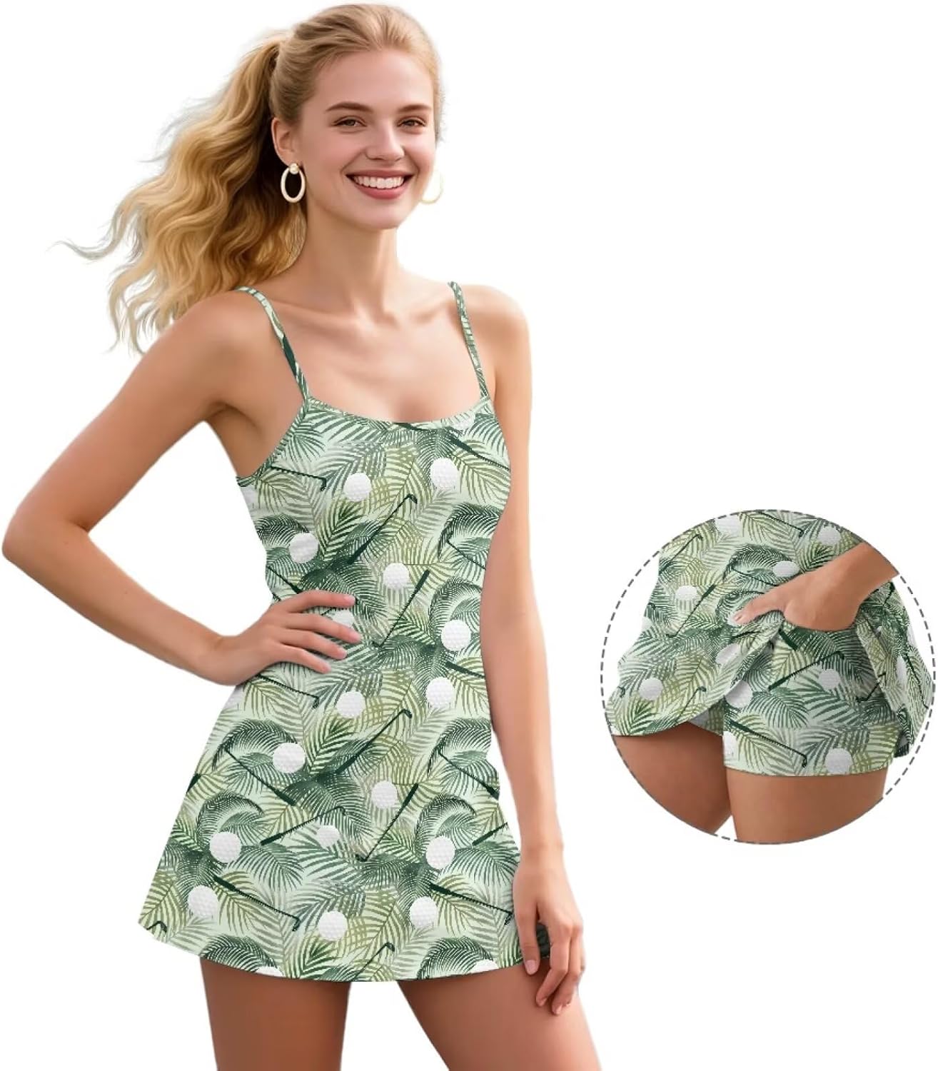 Yewattles Womens Spaghetti Strap Tennis Dress with Shorts Workout Side Pockets Active Golf Dresses