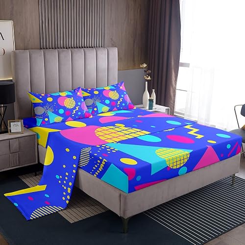 Erosebridal Bedding Set Memphis Pattern Old Fashioned Sheet Set King,Geometric Abstract Colorful Dots Funky Bed Sheets Set Retro Top Sheet,Multicolor Vintage Rainbow 80'S Style 1980S Home Decor,Blue - Multi 14 - King