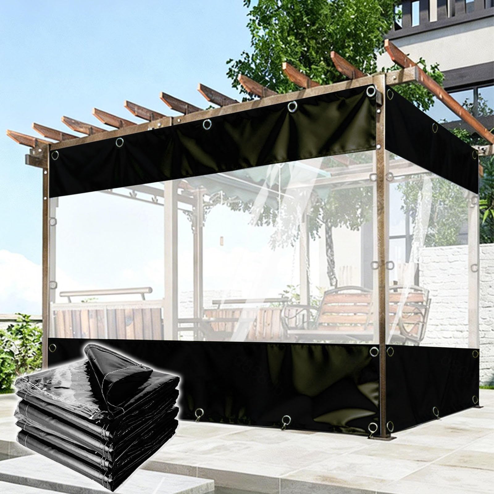 KOOEIN Transparent Waterproof Tarpaulin with Eyelets,Outdoor Curtain with Clear Tarp Panel,0.5mm Thick,550g/㎡ Weatherproof Curtain,Pvc Curtains for Pergola/Carport,WxH-2.4x2m(7.9x6.6ft)