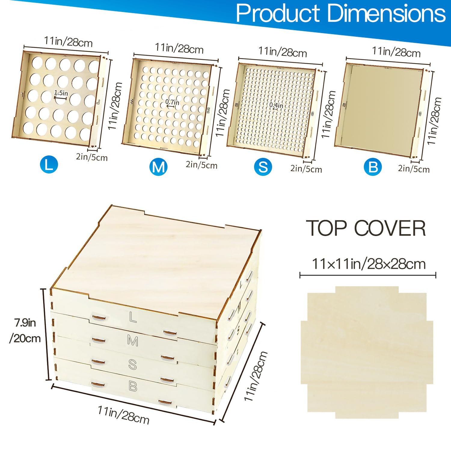 ABEST - Caja de almacenamiento minimalista de madera para bloques de construcción, 4 bandejas, 3 tamaños diferentes, 31 cm x 21 cm x 31 cm