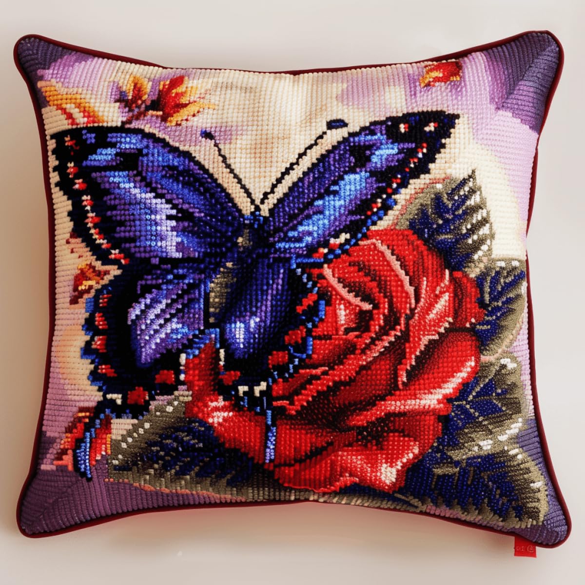 Kitquiver Needlepoint Pillow Kit Roses and Butterflies DIY Latch Hook Kits Pillow Printed Cushion Crochet Yarn Hook and Latch Kit Pillowcase Rug Home Decor 17x17In