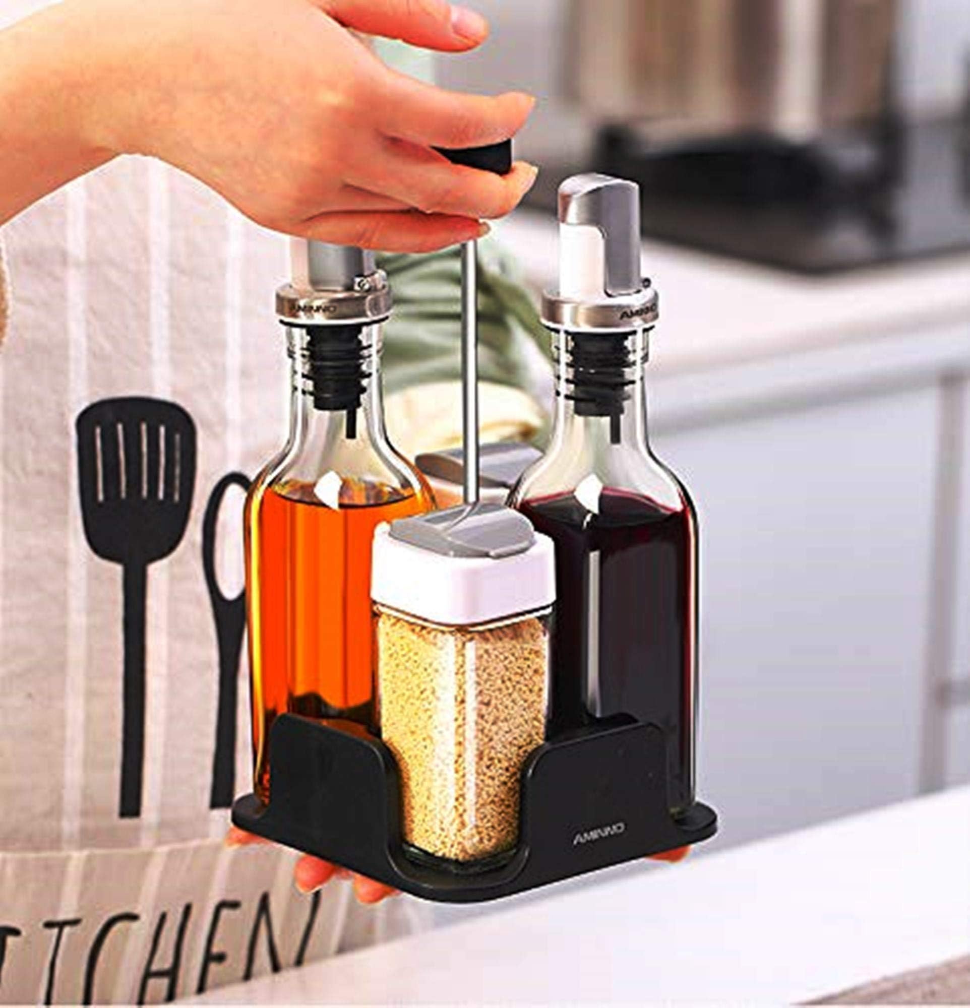 AMINNO Glass Cruet Set with Stand Oil Vinegar Dispenser Salt and Pepper Shaker Bottles Serving Set, 5 Piece