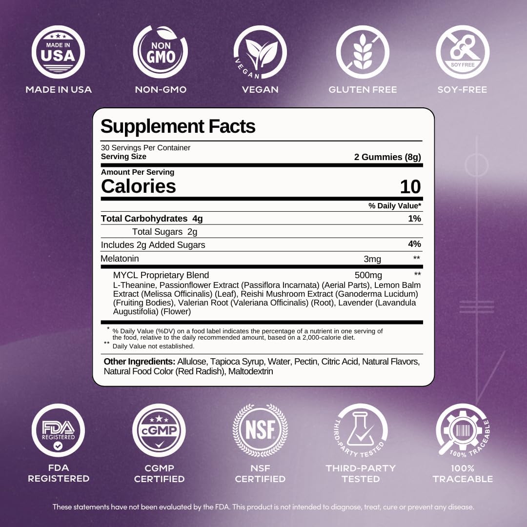 MYCL Dream Mushroom Gummies | 500mg Blend with Reishi Fruiting Body, L-Theanine, Valerian Root & Low-Dose Melatonin | Supports Deep Sleep & Stress Relief | Vegan, Organic, Gluten-Free | 30 Servings