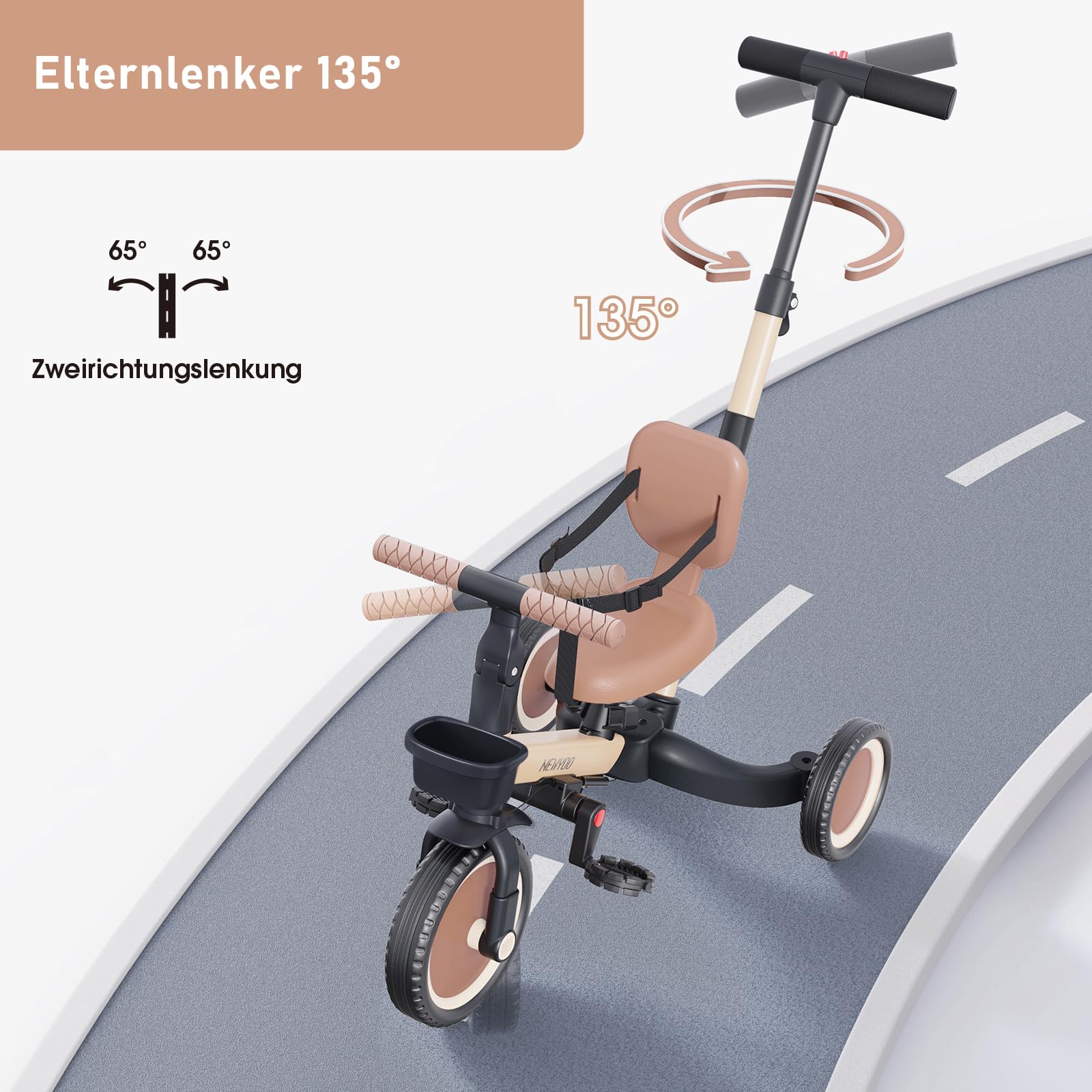 newyoo Kleinkinder-Dreirad mit Schiebegriff, Kleinkinderfahrrad,Geburtstagsspielzeug für Jungen und Mädchen, 5-in-1-Kinderdreirad