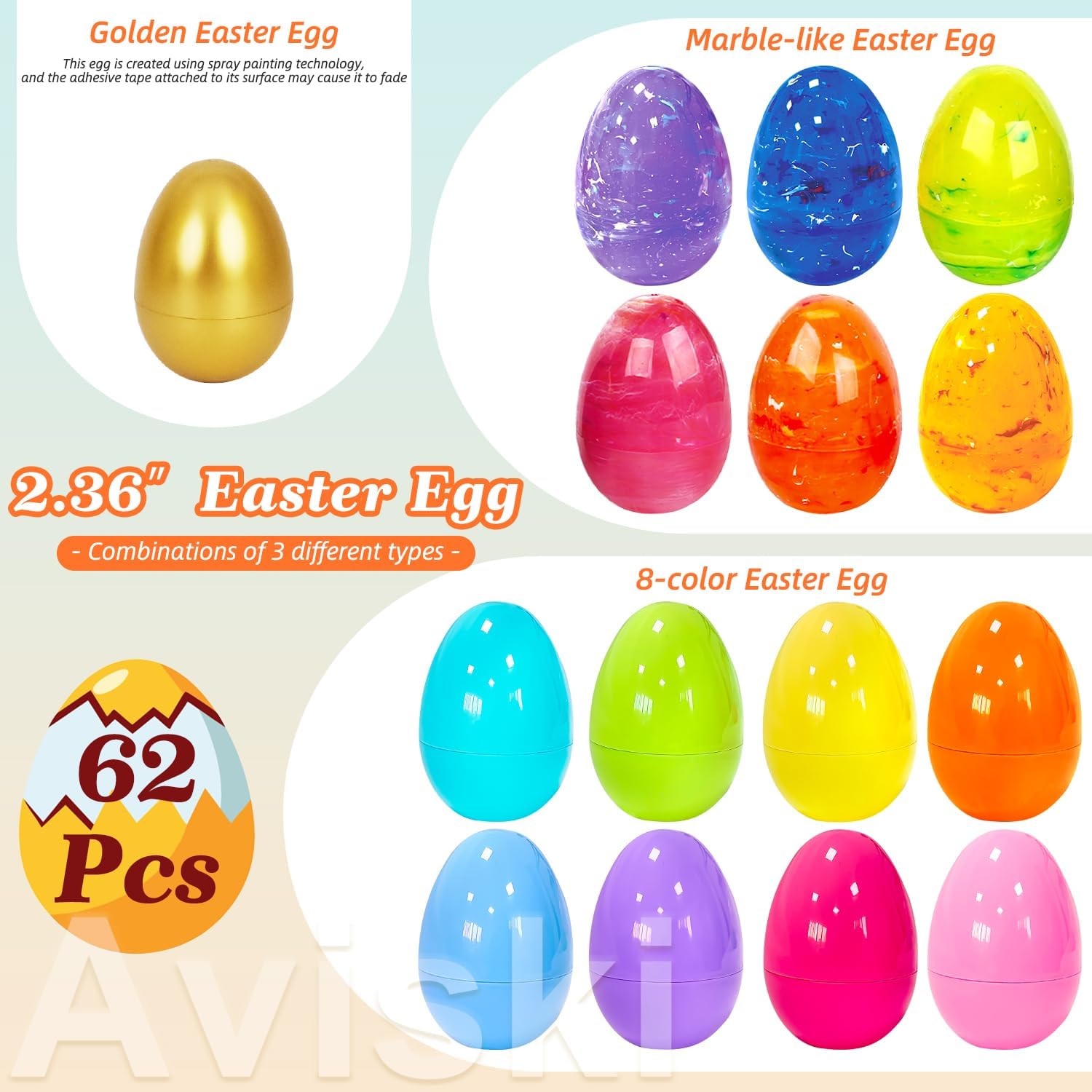Aviski 62Pcs 2.4" Iridescent Marble Easter Eggs with Golden Eggs for Kids Basket Bag Stuffers Fillers, Easter Hunt Game, Toys Filling Treats and Easter Theme Party Favor