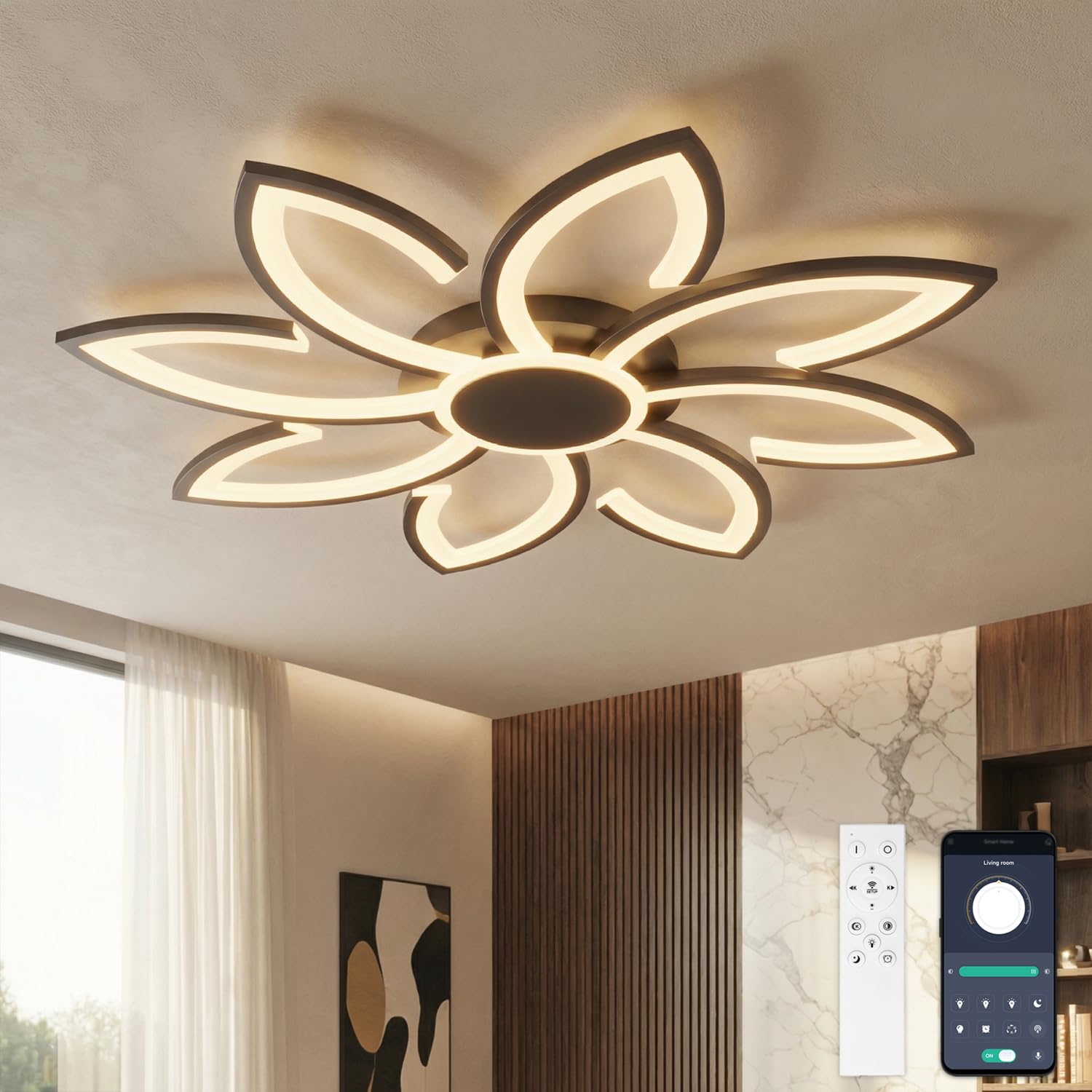 YUNLONG Led Ceiling Light with Remote Control, 31.5" Chandeliers Ceiling Light Dimmable for Living Room, 98W, 8000LM, Ceiling Lighting Fittings Flower Shape Design for Lounge, Black
