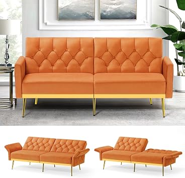 Velvet Sofa Bed w/Adjustable Armrests & Backrests, Orange | Modern Convertible Sleeper Sofa w/Golden Legs, Tufted Futon Sofa for Bedroom, Living Room, Apartment