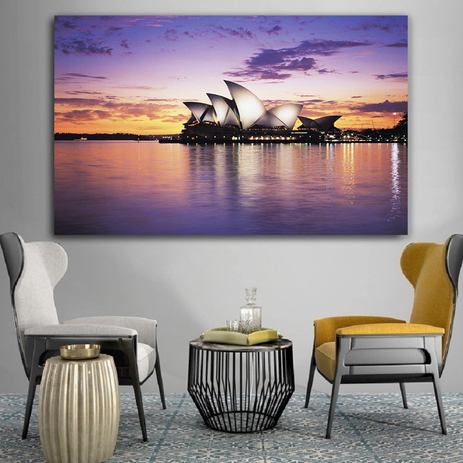 Plakat nocny w Sydney Opera House z rozciągniętymi i oprawionymi nadrukami. Obraz krajobrazowy nadruk na płótnie. Gotowy do powieszenia na płótnie, sztuka ścienna, budynki, obrazy do salonu, dekoracja 30 x 45 cm, oprawiony