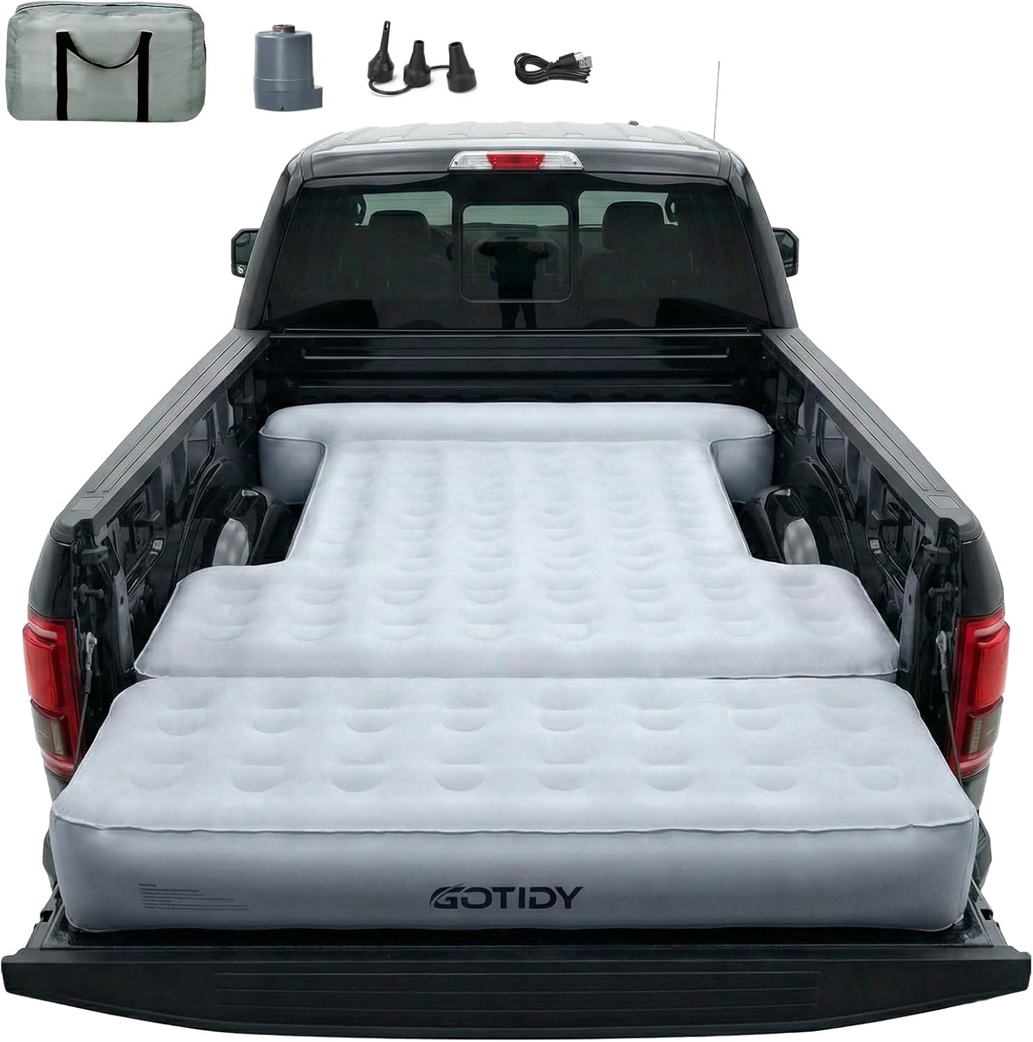F150 Truck Bed Mattress 5.5-5.8ft for Full-Size Pickup, Fabric Texture Truck Bed Air Mattress with Tailgate Extender, Customized for F150/Silverado/Ram1500, with Detachable Air Pump, Truck Bed Camping