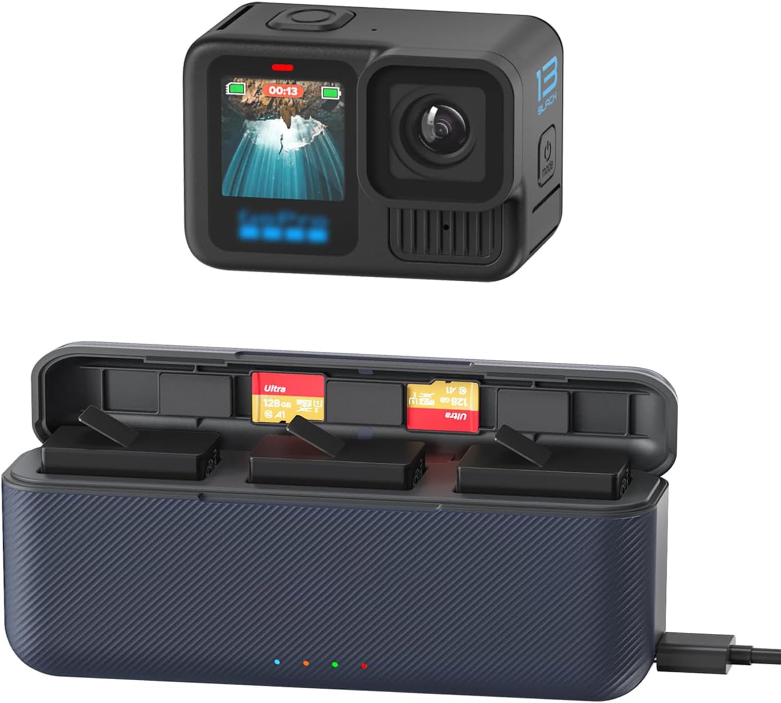 Taciieua Fast Battery Charger hub for GoPro Hero 13, with SD Slots & USB Type C, PD3.0/PD2.0 protocols, 3 Batteries Simultaneous Charging, Hero 13 Accessories