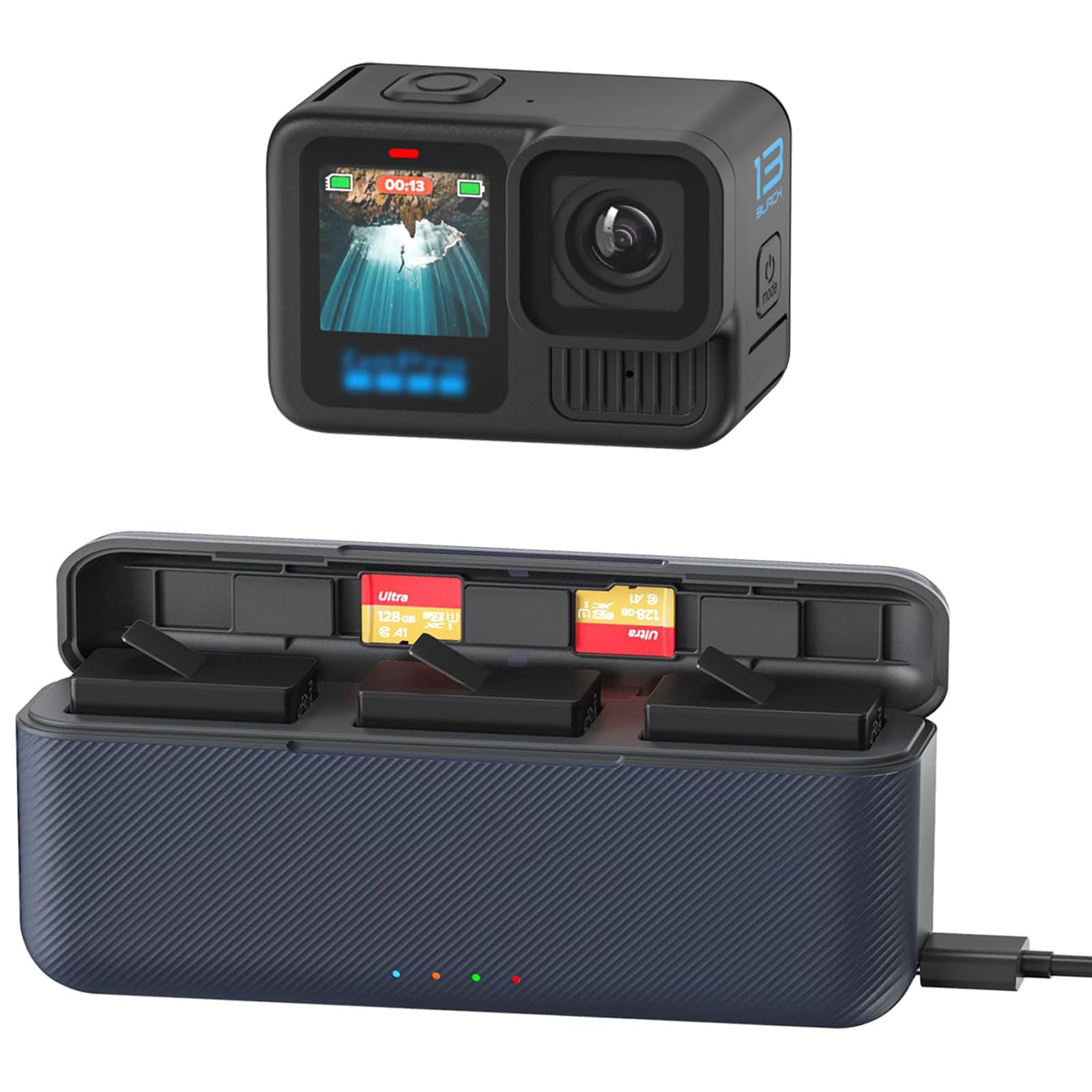 Fast Battery Charger hub for GoPro Hero 13, with SD Slots & USB Type C, PD3.0/PD2.0 protocols, 3 Batteries Simultaneous Charging, Hero 13 Accessories