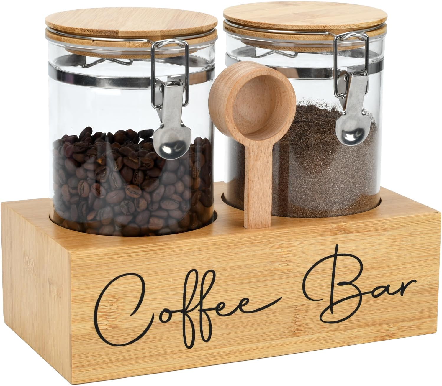 Glass Coffee Canister Set with Bamboo Shelf & Spoon – 2 Airtight Containers (47oz Each) for Coffee Beans, Ground Coffee, Sugar, Flour – Borosilicate Glass & Bamboo Lid with Silicone Seal