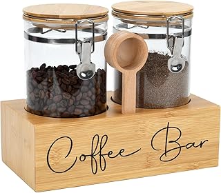 Glass Coffee Canister Set with Bamboo Shelf & Spoon - 2 Airtight Contain...