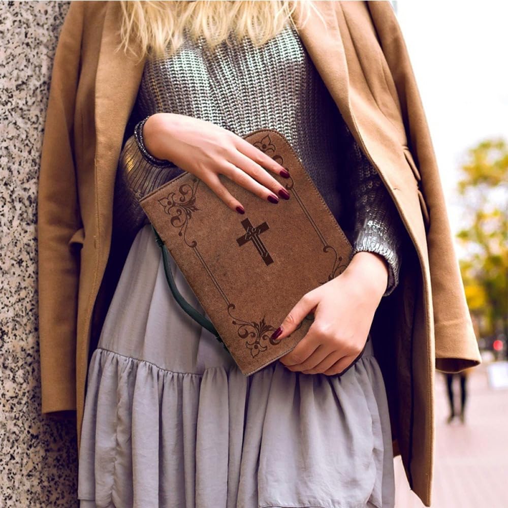 Sarini Funda bíblica marrón Vintage para Hombres y Mujeres,Funda bíblica de Cuero PU,Bolsa Cruzada con Cremallera Duradera,Funda de Transporte