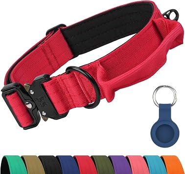 Joytale Tactical Dog Collar with Control Handle, AirTag Holder, Red, L | Firm Grip For Training Strong Dogs, Metal Quick-Release Buckle, D-Ring For Tags, Soft Neoprene Padding, For Power Breeds
