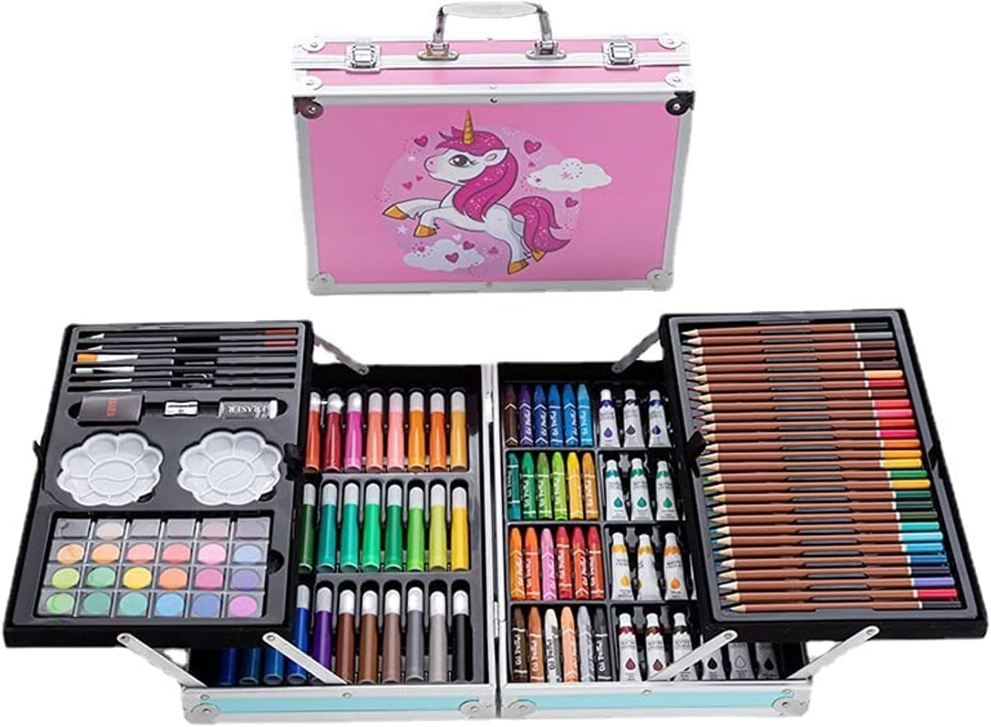 Roman Art Set 145pcs with Portable Box, Professional Artists Drawing Set for Kids, Teens and Adults Including Colored Pencils, Watercolor Paints, Oil Pastels (Pink)
