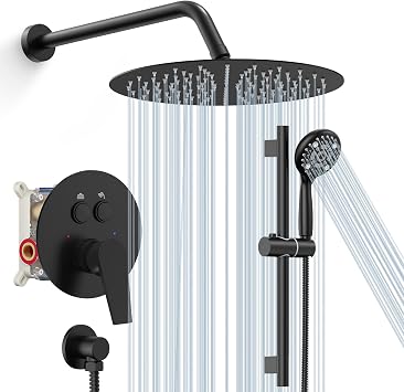 SR SUN RISE Matte Black Shower Faucet Set - 10 Inch Rain Shower Head with Adjustable Slide Bar Combo Set - Wall Mounted Rain Shower System Bathroom Valve and Trim Kit Included
