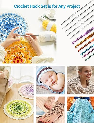 Miniatura 5 de URWOOW Juego de 100 ganchos de ganchillo con agujas de tejer de hilo, herramientas de costura, juego completo de tijeras de punto para puntada, kit
