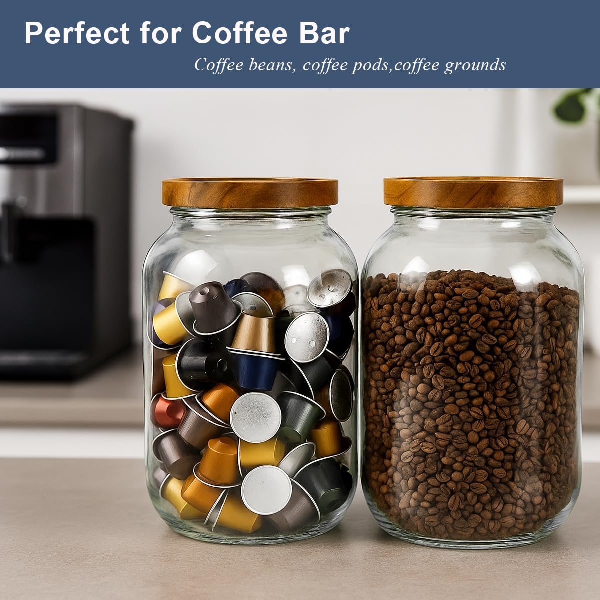 2 Pack Glass Flour Sugar Storage Containers with Acacia Wooden Lid, 1 Gallon Glass Jars with Airtight Lid, Wide Mouth Large Mason Jars 128oz for Rice, Pasta, Oats, Coffee Storage - Image 4