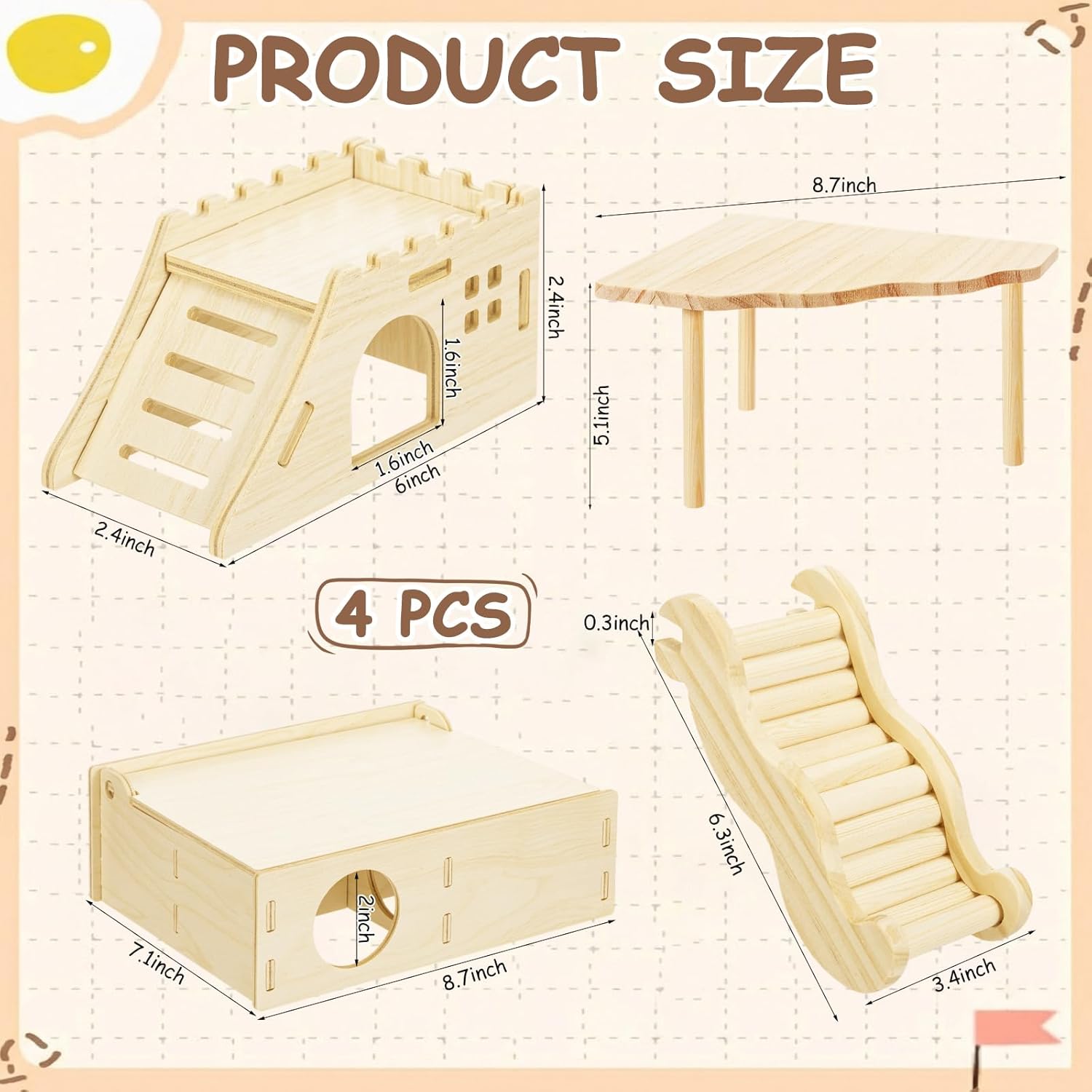 BreezeHug 4 Pcs Hamster Platform Hideout Wooden Tunnel Ladder Playhouse Hamster Game Climbing Toy with Platform Cage Accessories for Small Pets Dwarf Syrian Mice Degus Gerbils Squirrel(Castle)