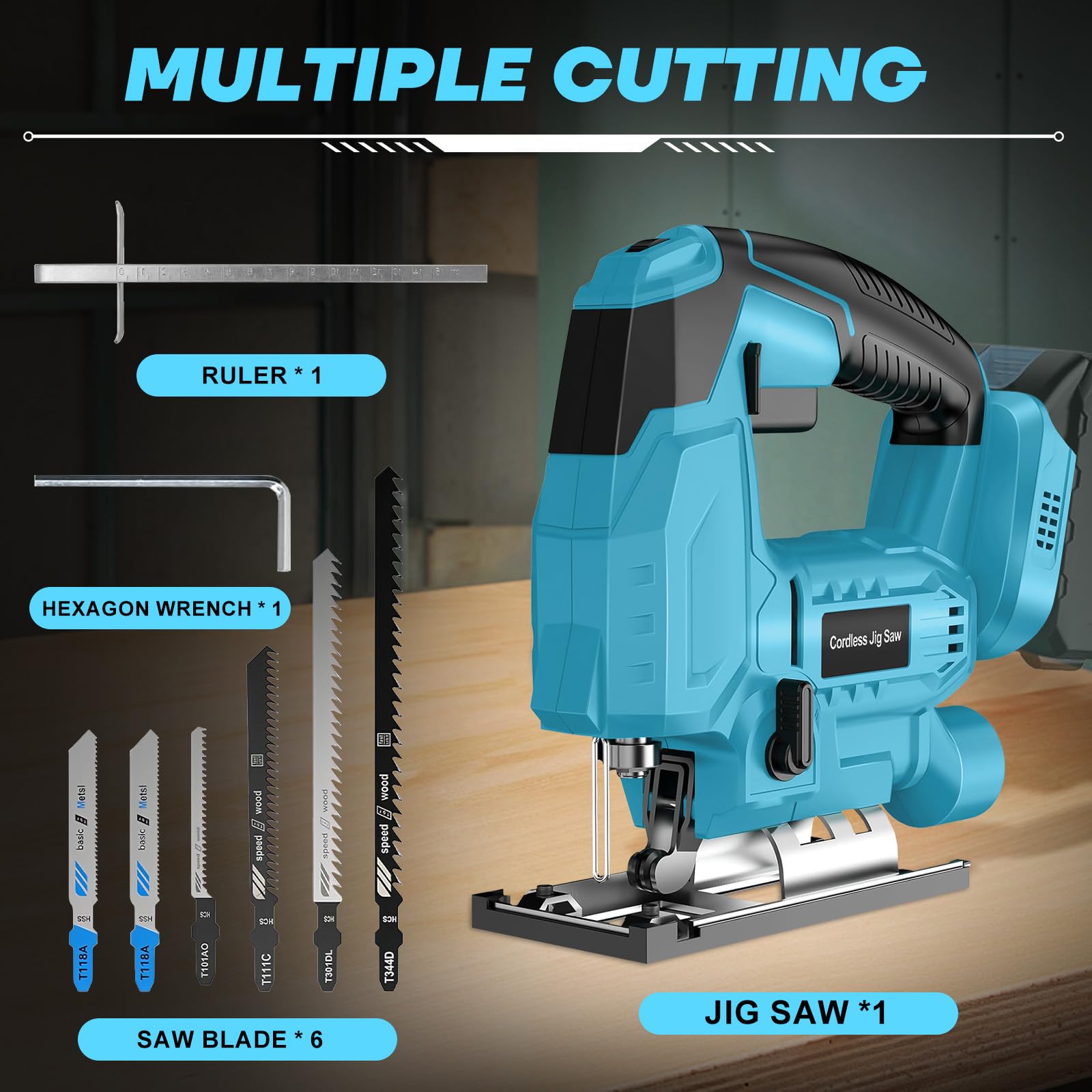 Sierra de calar a batería compatible con Makita 18 V batería (sin pila), sierra de calar eléctrica sin escobillas con 45° bisel, 6 velocidades, 4 orbitales, 6 hojas de sierra (Solo útiles)