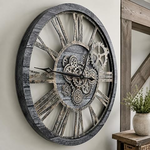 Large 36-inch Carbon Gray Wall Clock with Moving Gears - Rustic Industrial Farmh