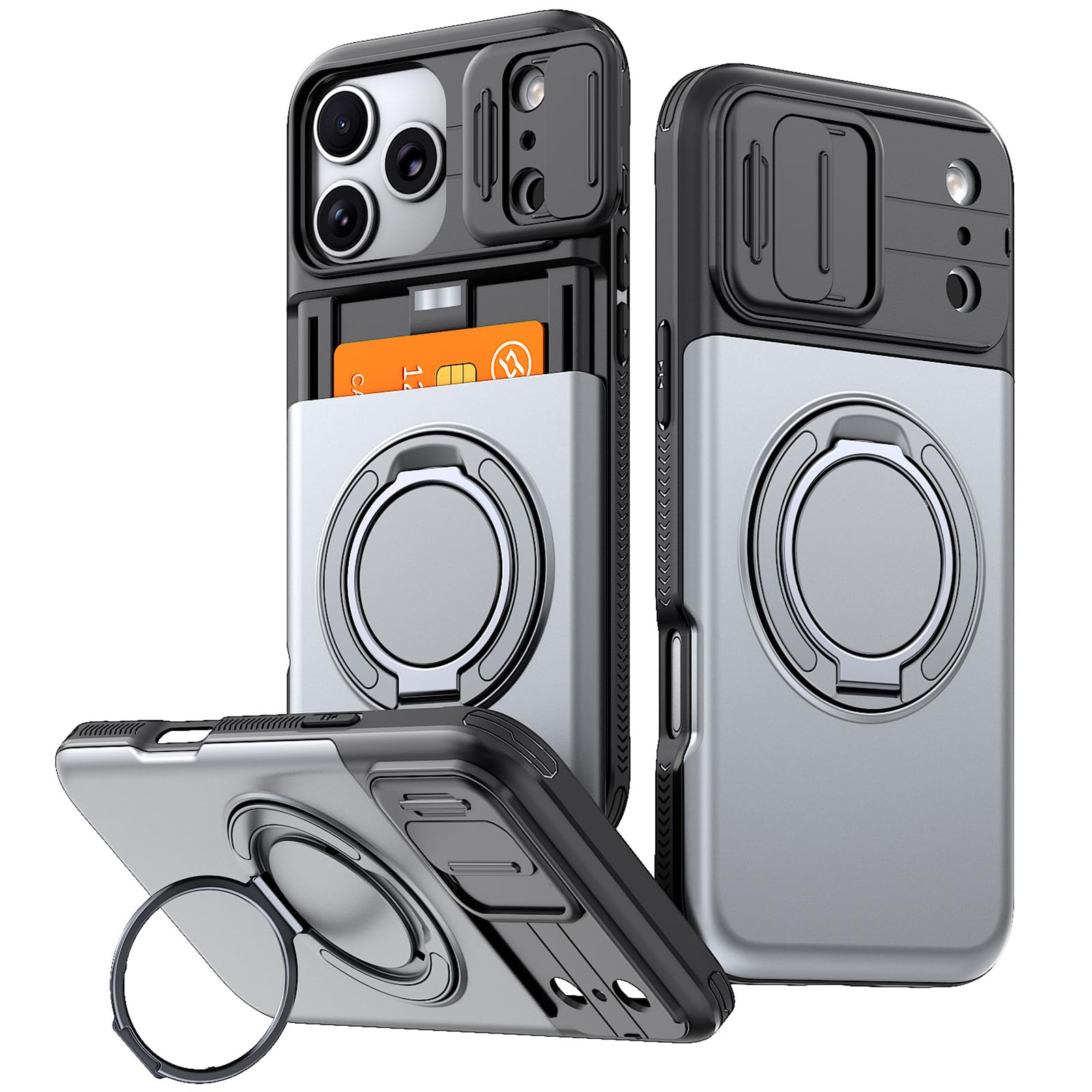 Generico Custodia Con Cavalletto For IPhone 17/17Air/17Pro/17Pro Max, Slot For Schede Integrato, Copertura Protettiva Completa For Obiettivo Scorrevole, Supporto Ad Anello Regolabile(Gray,17 Air)