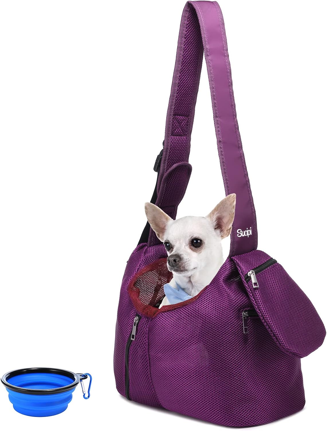 Pet Dog Sling Carrier Sucipi Hard Bottom Puppy Cat Carrier Sling Mesh Hand Free Adjustable Dog Sling Carrier for Small Dogs 15lbs Travel…