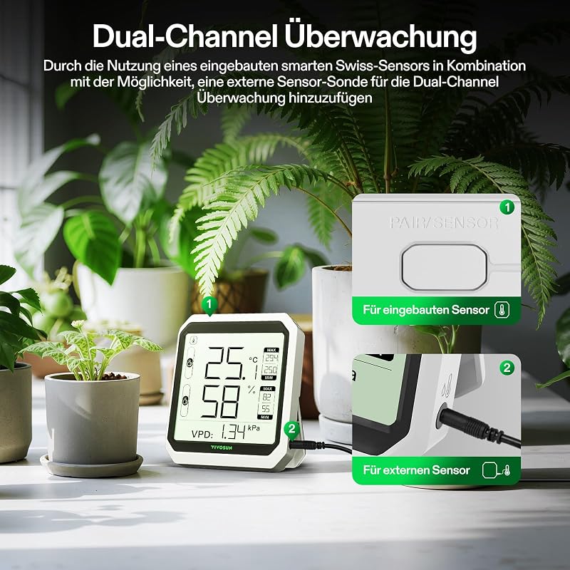 VIVOSUN AeroLab THB1 Bluetooth Hőmérő és Páratartalom Mérő - Digitális Kijelző, Adattárolás, Kettős Csatorna, VPD Mérés, Okos Hőmérséklet Mo