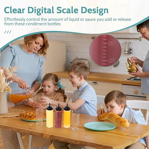 Miniatura 6 de Dandat 24 botellas exprimibles de condimentos para salsas, botellas de plástico de 12 onzas con tapas, botella reutilizable para chorros con escala