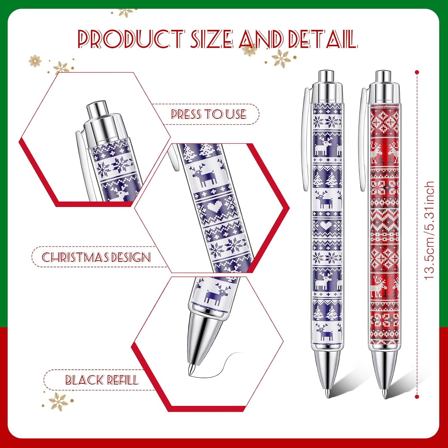 Tenceur 100 Pcs Christmas Ballpoint Pens Bulk with Black Ink, Reindeer and Snowflakes Xmas Rollerball Pens for Adults Christmas Party Favors Gifts for Coworkers Office Favors Stocking Stuffers