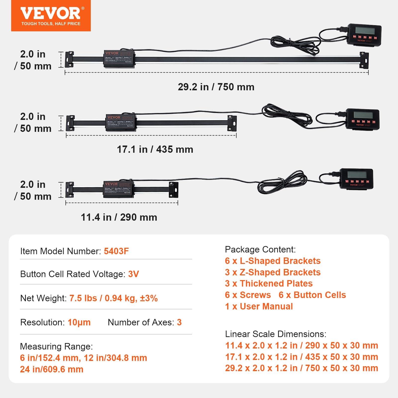 VEVOR Affichage numérique, 152,4, 304,8, 609,6 mm, échelle linéaire 3 axes DRO Kit d'affichage avec supports en forme de L supports en forme de Z plaques épaissies vis bouton
