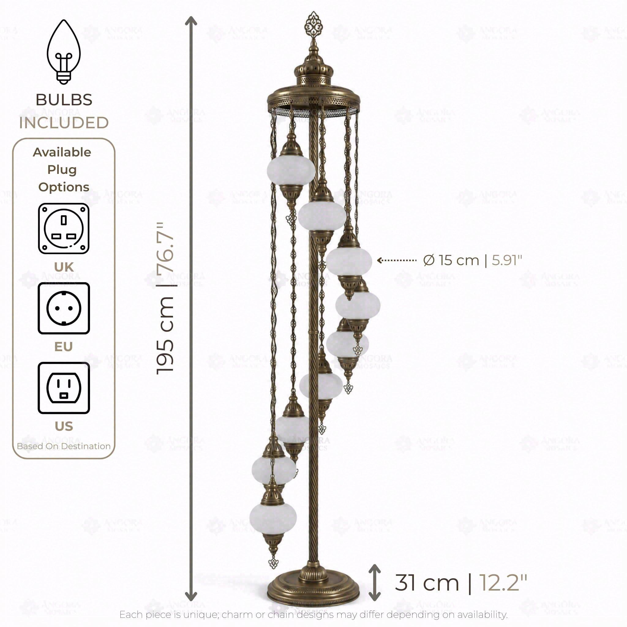 ENVA Lampada da terra verde a 9 globi - Lampada a mosaico turco - Motivo stella smeraldo - Lampada da terra bohémien marocchina, finitura in ottone anticato