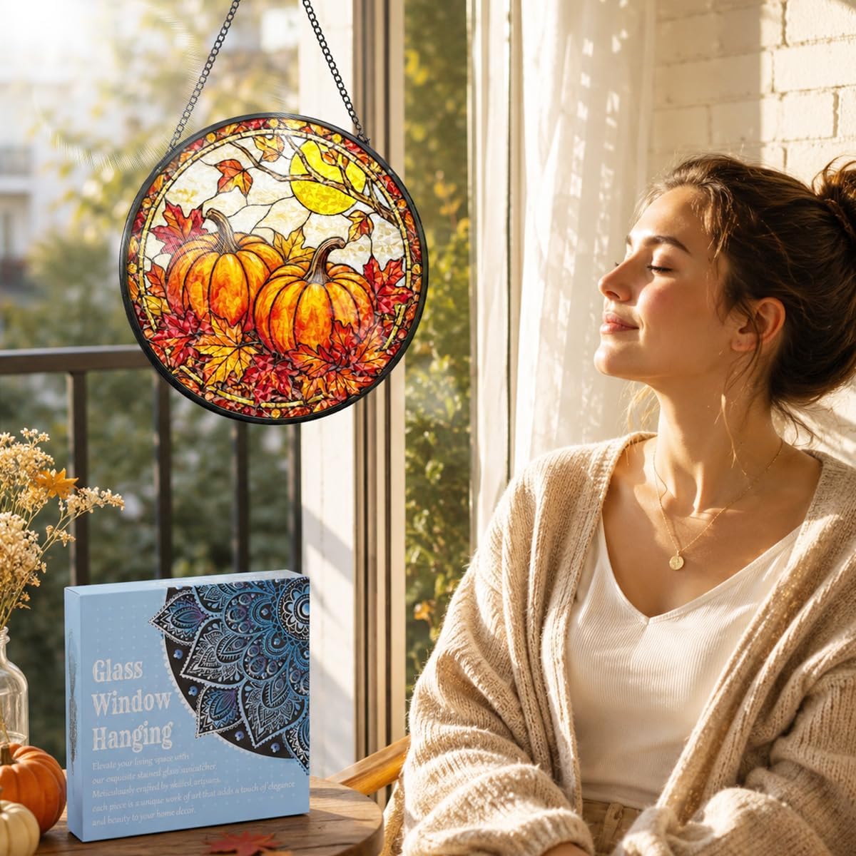 Fall Stained Glass Window Hanging, Pumpkin & Maple Leaf Suncatcher for Windows, Diamond Glass Panel with Hanging Chain, Autumn Seasonal Home Decor for Living Room Kitchen Door, 8 x 8 inch