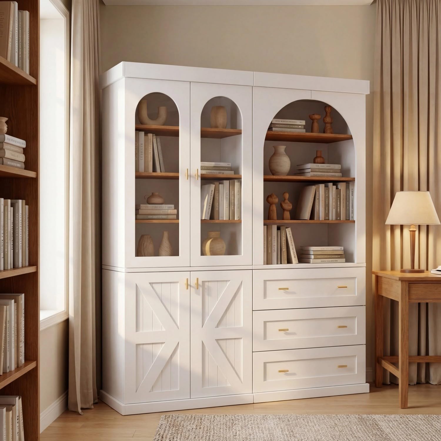 Farmhouse Bookshelf Set of 3, 71" Tall White Wood Bookcase with Acrylic Glass Doors and Drawer Storage, Adjustable Shelves and Open Display, Freestanding Storage Cabinet for Living Room or Office