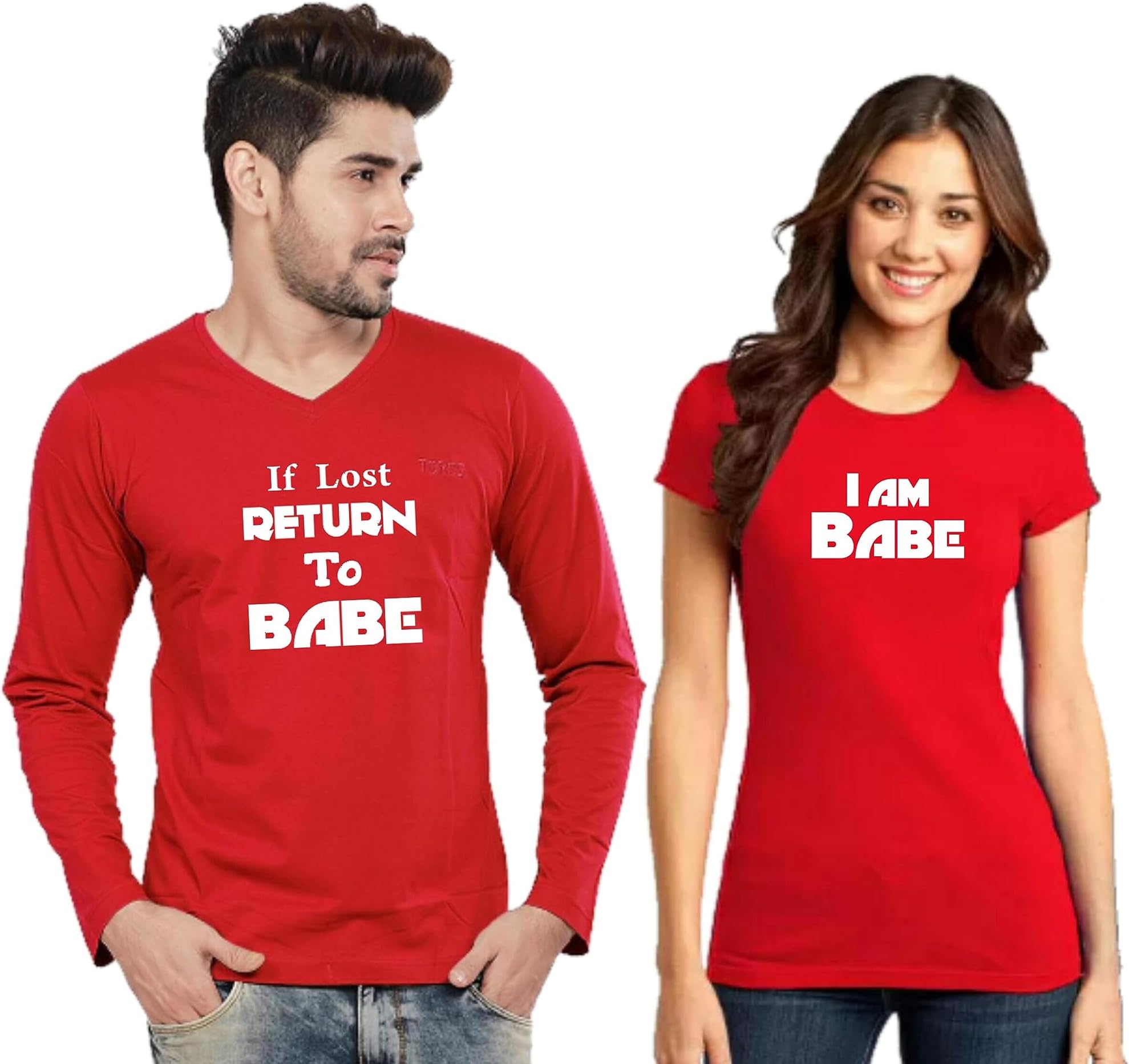 Touchme Fashions | Couple Lovers Pack Cotton | If Lost Return to Babe and I Am Babe | Couples Printed | Full Hand V Neck | Red T Shirts | for Couple - Pack of 2