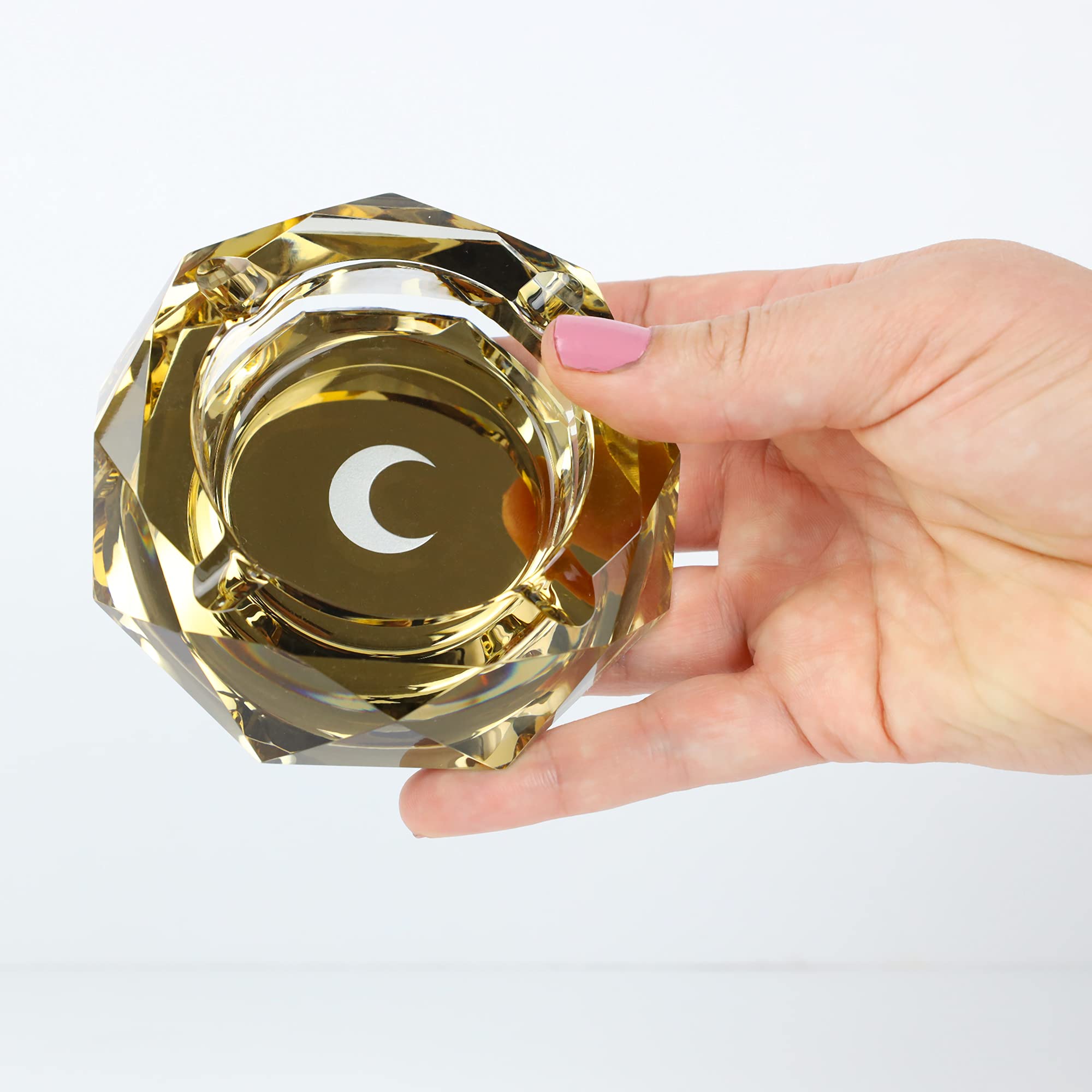 Brando Moon Gold Crystal Ashtray - Heavy Duty Hard Crystal - Cute Ornament for Home, Office, Indoor Decor (Gold)