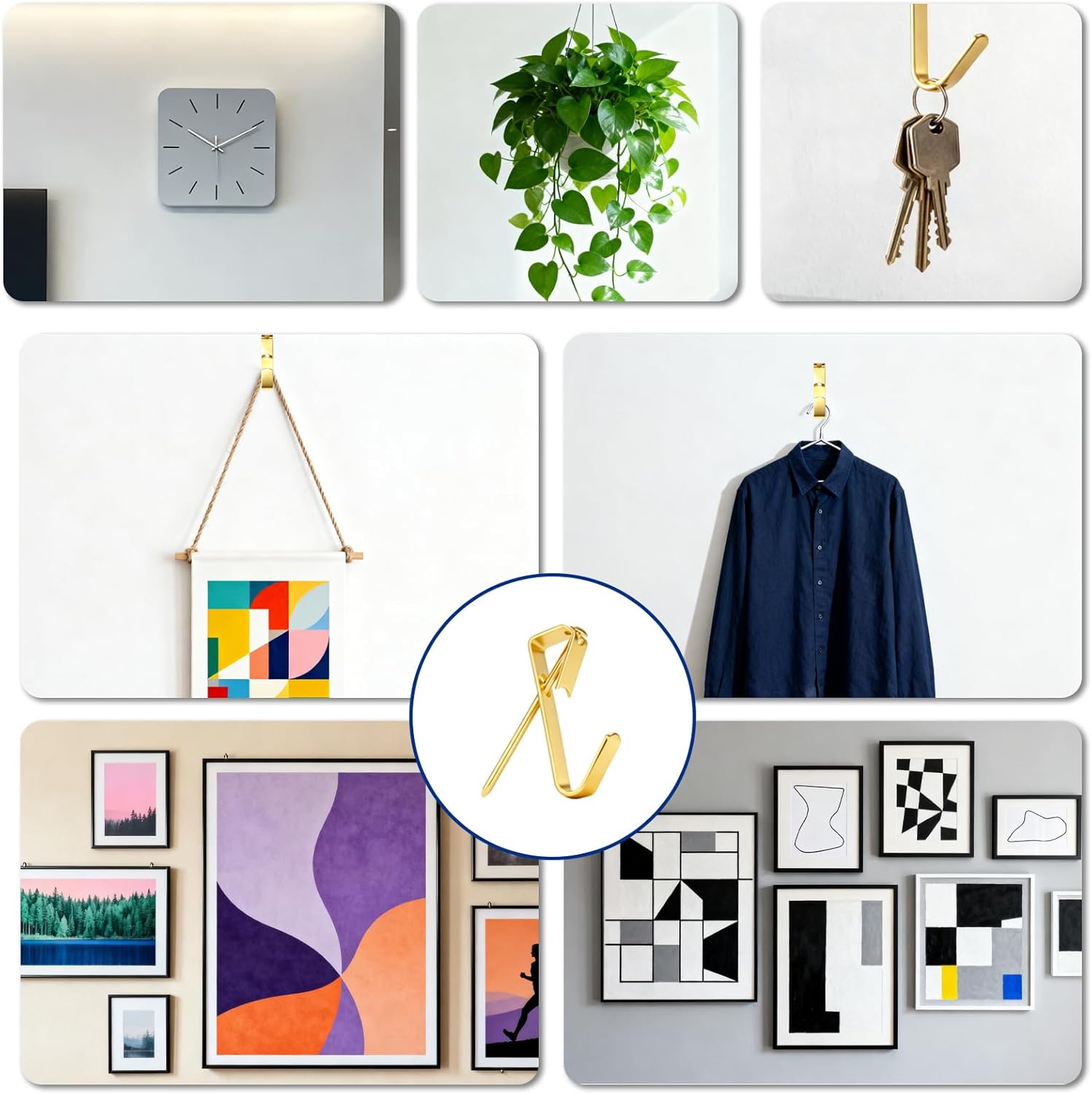 100 lb Picture Hangers, Picture Hooks for Hanging Pictures, 16Pcs Frame Hooks Picture Hangers Heavy Duty Hardware Hanger Kit Wooden Wall Painting Hangers Hooks and Nails for Pictures