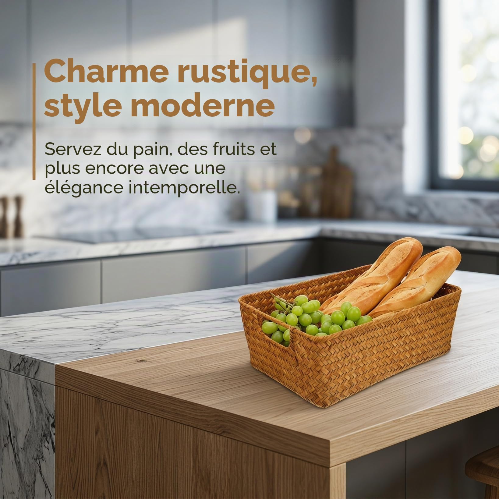 Housoutil Lot de 2 paniers en osier tressé à la main - 30 x 20 x 10 cm - Panier de rangement multifonction pour cuisine, fruits et collations, organisateur de table décoratif