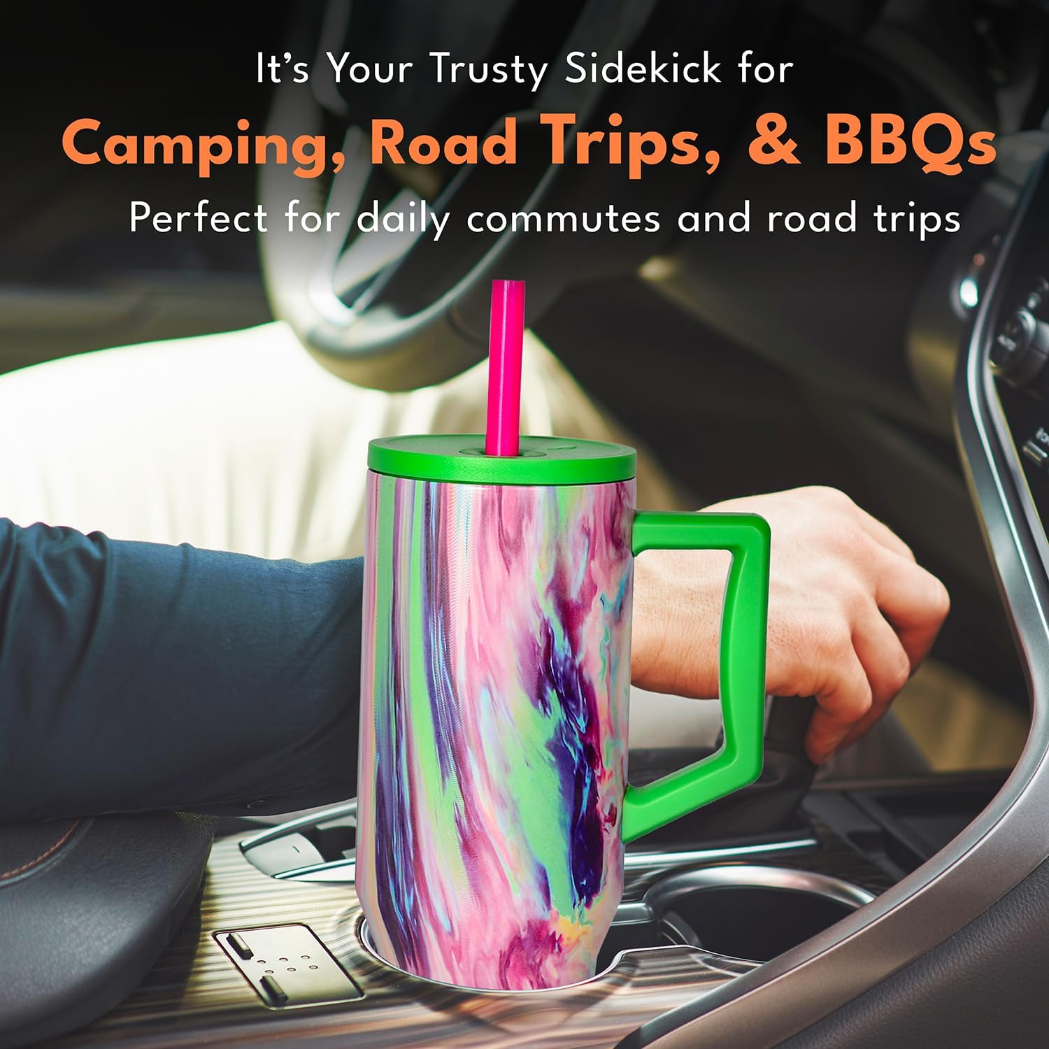 Elemental 40 oz Tumbler with Handle and Straw - Spill Proof Insulated Stainless Steel Commuter for Hot and Cold Beverages - Travel Coffee Mug with 2 Straws & Spill Proof Lid - 40oz - Aurora Dream - Image 7