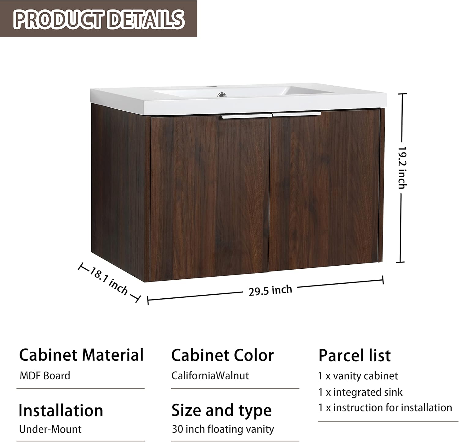 30 Inch Bathroom Vanity with Sink, 30” Floating Vanity with Sink, Premium Plywood Wooden Cabinet with Single Resin Basin, Modern Wall Mounted Cabinet Set, Soft Close Operation