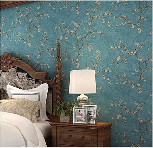 Amazon Hnyyj レトロなアメリカの花の不織布ファブリックの壁紙寝室の部屋のリビングルームのソファテレビの背景の壁紙グリーン ブルー 壁紙