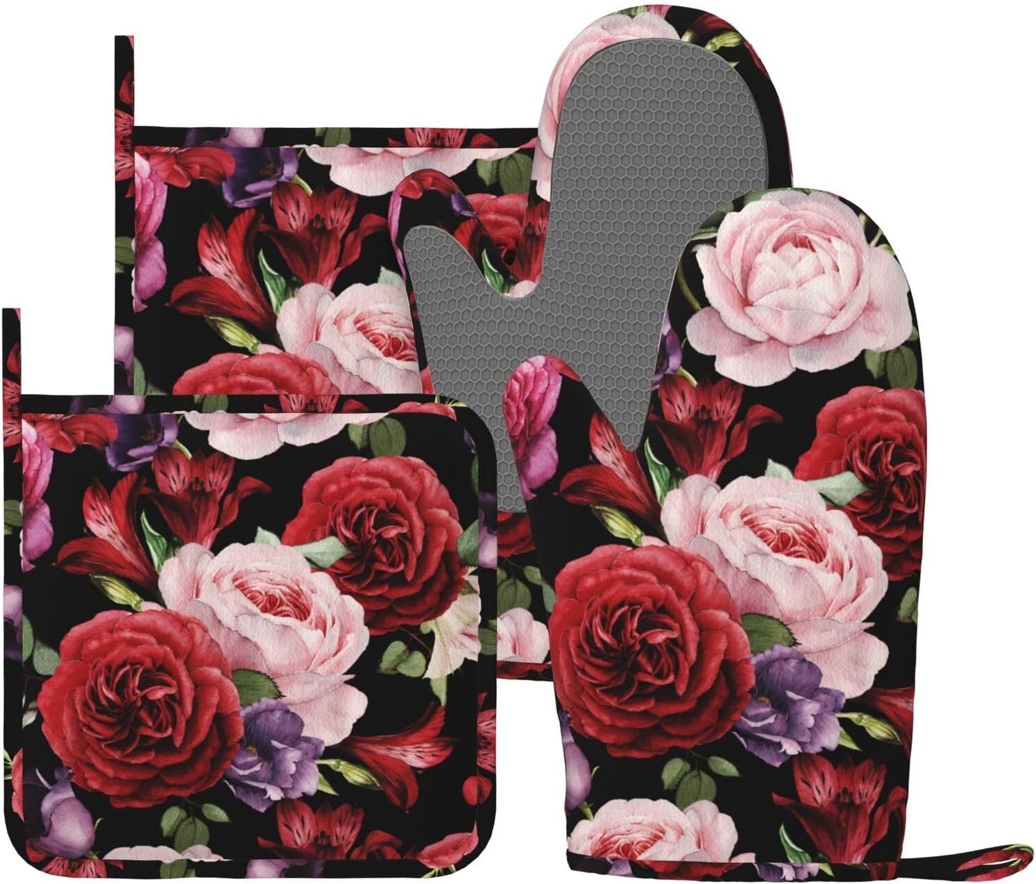 Red Pink Floral Rose Trendy Oven Mitts And Pot Holders Sets, 4pcs Silicone Non-Slip Kitchen Mitts Potholders Heat Resistant Bbq Gloves Hot Pads For Cooking Grilling Baking Microwave Chef Gifts Decor