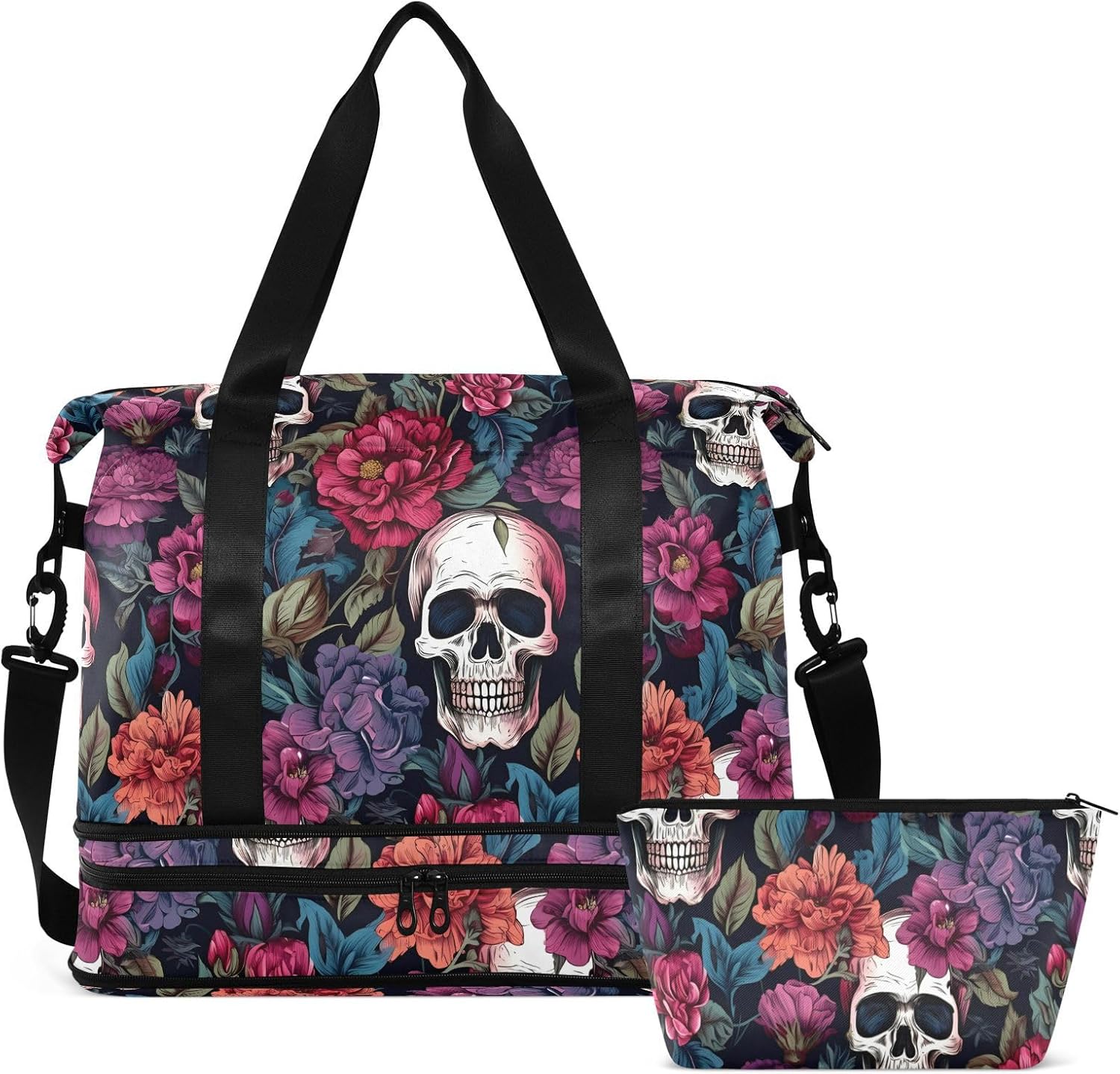 senya Skull Weekender Bag for Women, Purple Flower Skull Gym Bag Sports Duffle Bag Travel Tote Bag with Toiletry Bag Shoes Compartment Dry/Wet Separation Swim Bag, A06Y22017