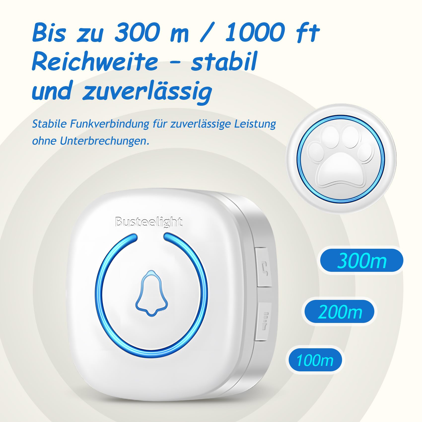 A6 Wht Katzenklingel & Hundeklingel – Kabellose Haustier-Türklingel für Außenbereich, 300 m Reichweite, 60 Melodien, LED-Signal, Wasserdicht, Buzzer Hund & Katzen (1 Klingeltaster + 1 Empfänger)