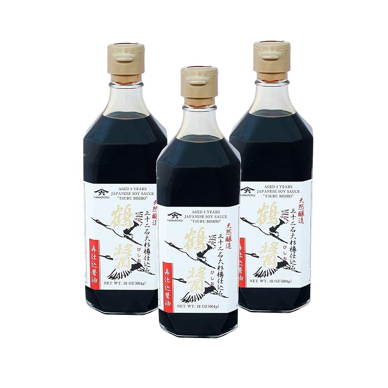 Yamaroku Shoyu Pure Artisan Dark Sweet Japanese Premium Gourmet Barrel Aged 4 Year Soy Sauce, "Tsuru Bishio", 18oz (532ml) - 3 Pack