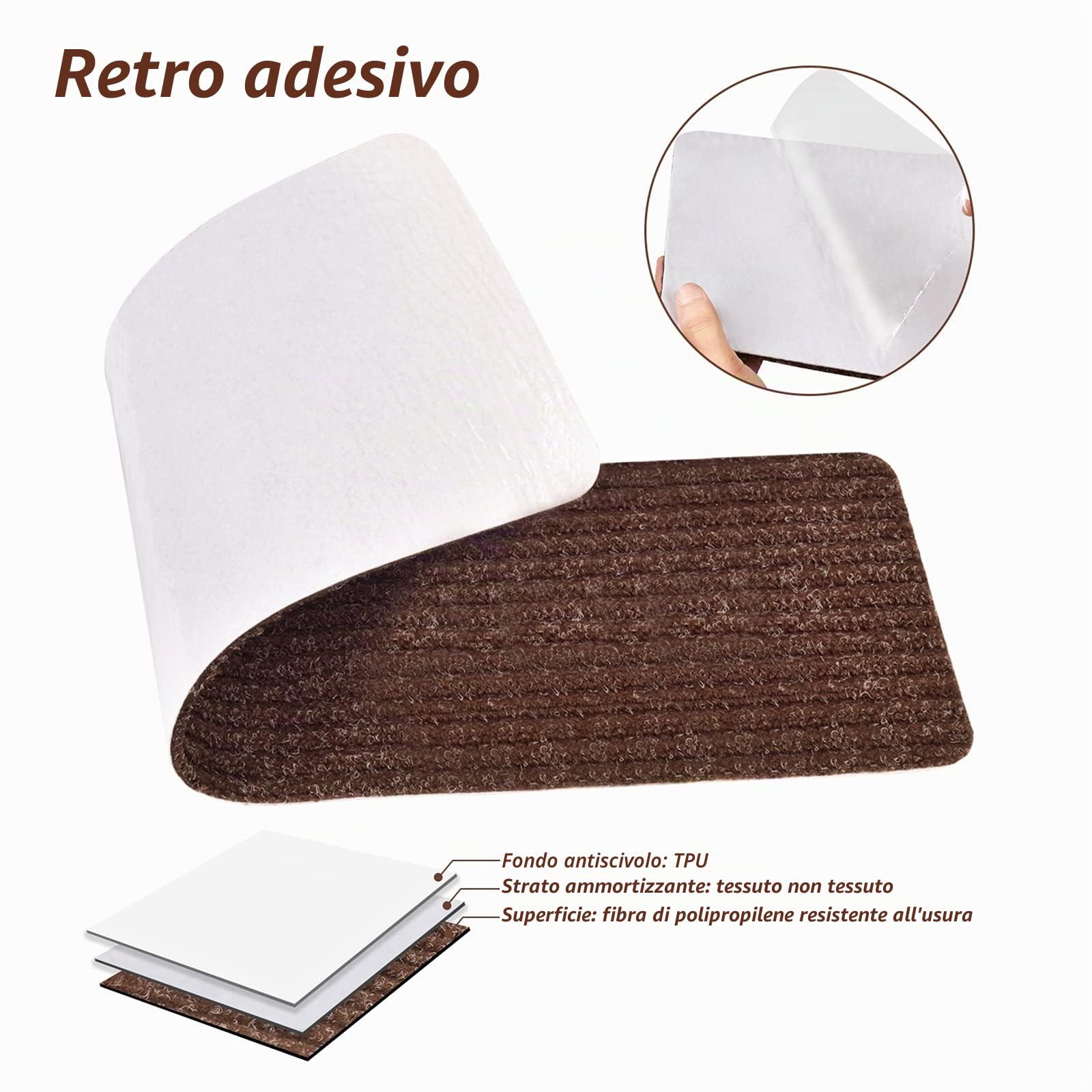 MBIGM 15 Tappetini per Scale (20 x 76 cm) Tappetino Antiscivolo di Sicurezza Runner Interno Antiscivolo per Bambini, Anziani e Animali Domestici con Adesivo Riutilizzabile, Marrone