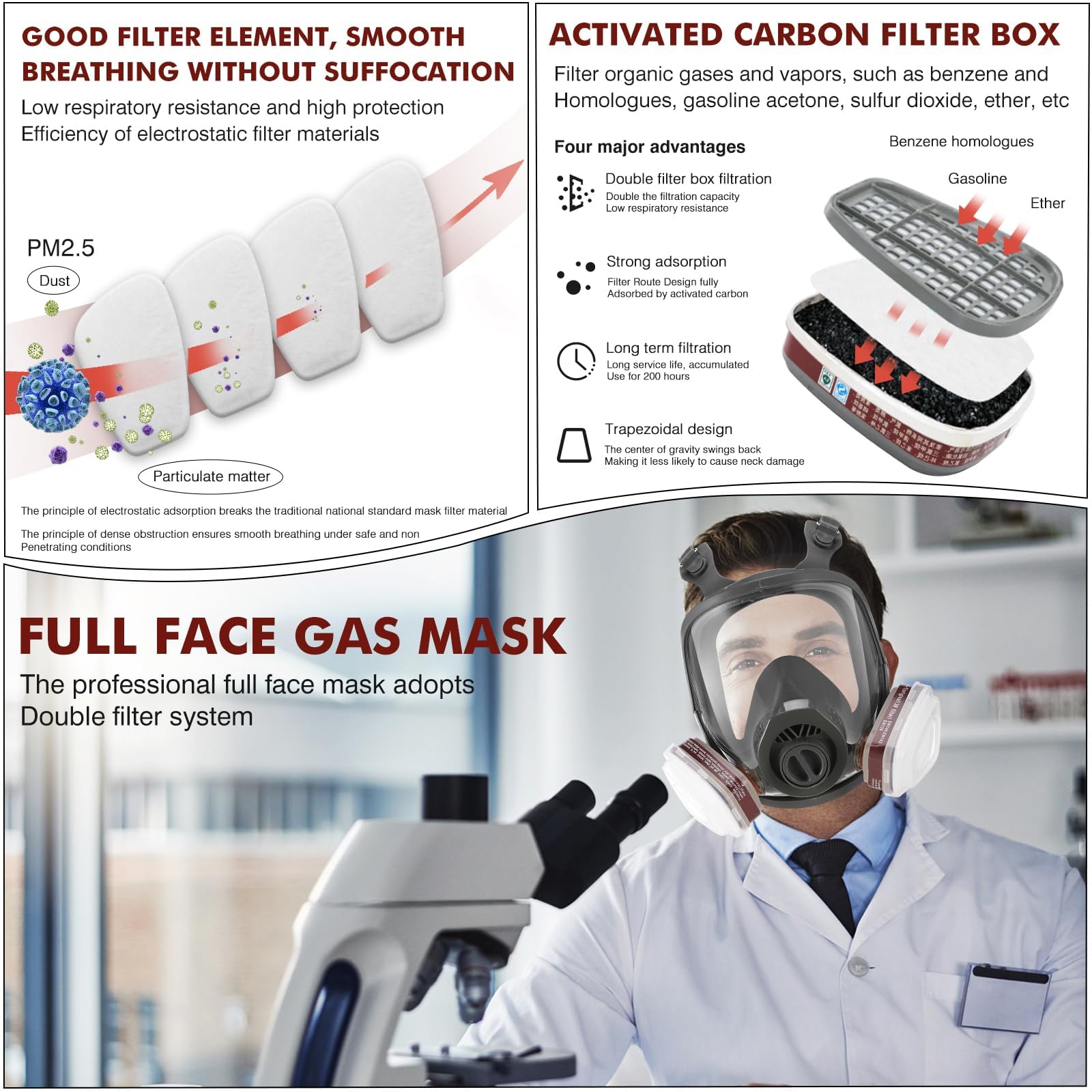 Masque intégral à gaz – Masque respiratoire réutilisable à gaz de survie nucléaire et chimique avec filtre à charbon actif 6001 cn et 40 mm